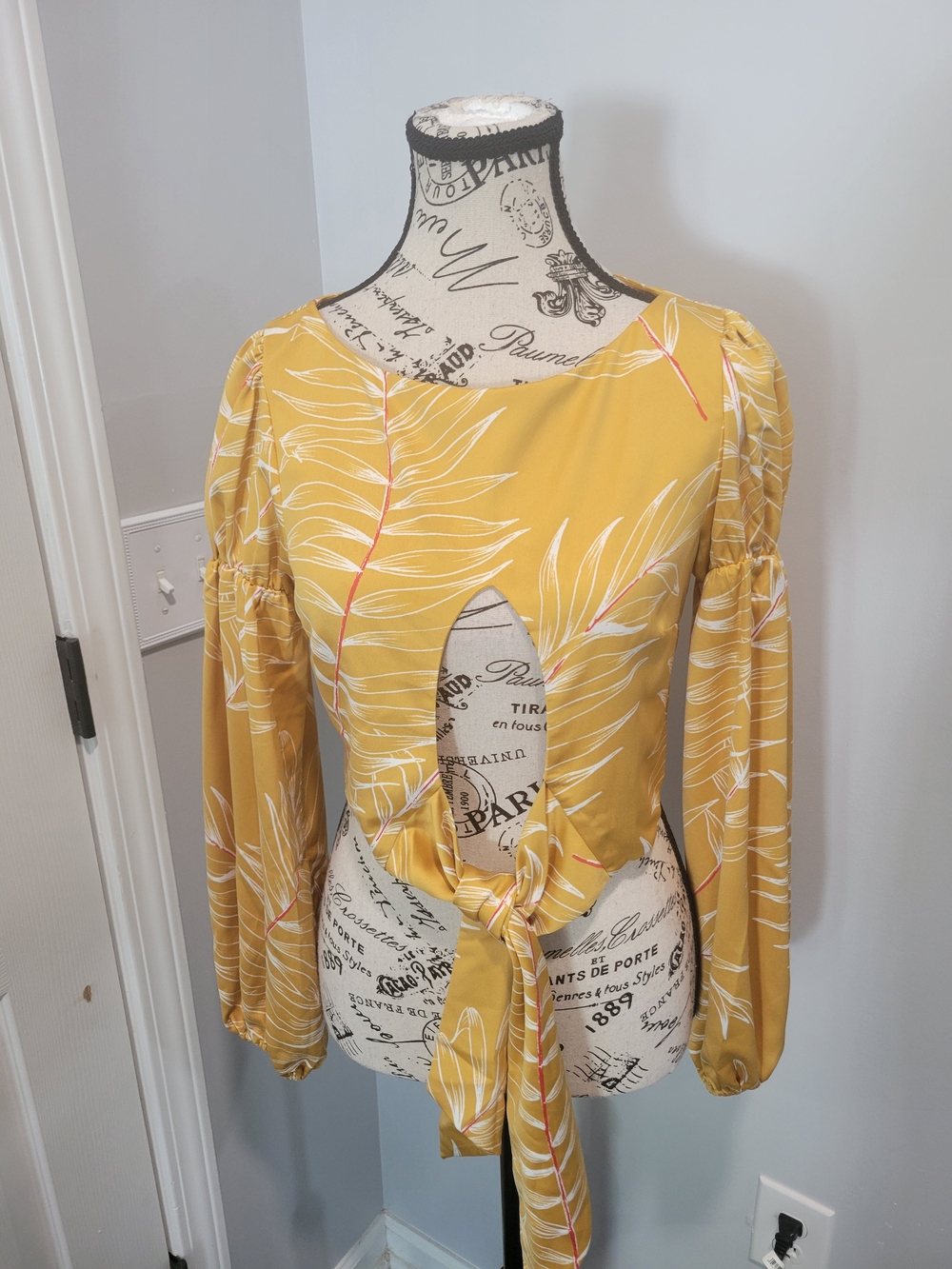 Camila Coelho Mustard Yellow White Leaf Tie-Front Blouse